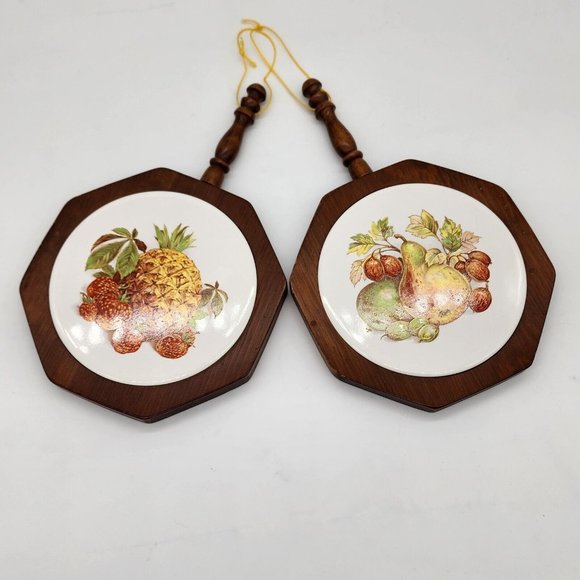 Vintage Wood & Ceramic Tile Trivets Wall Hanging Pineapple and Pear - Picture 1 of 5